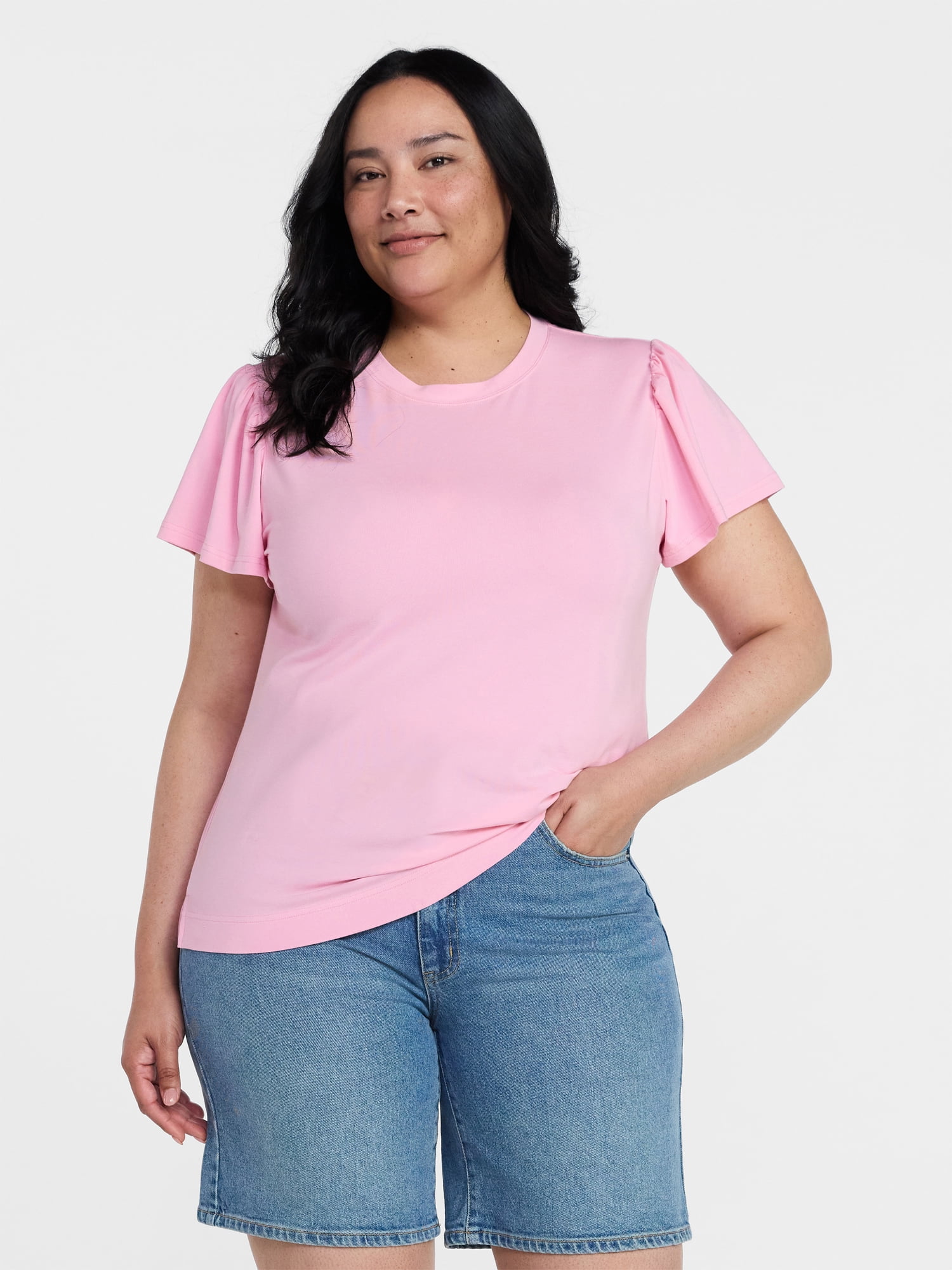 Time and Tru Women's Crewneck Top with Short Flutter Sleeves, Sizes XS-XXXL
