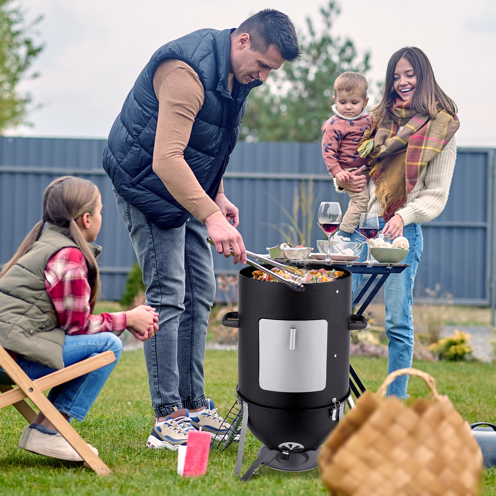 Vertical Steel Charcoal Smoker, Heavy Duty Three Layer Round BBQ Grill & Smokey Mountain Cooker for Outdoor Cooking, Black