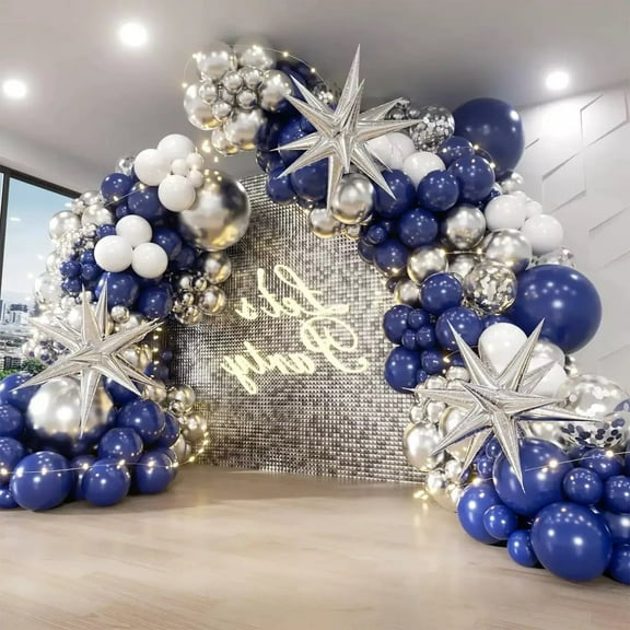 YEYIXUK 124pcs Blue White and Silver Latex Balloons Decorative Arch Garland Kit with Silver Confetti Balloons Perfect for Graduation Wedding Birthday Party Backdrop Decoration