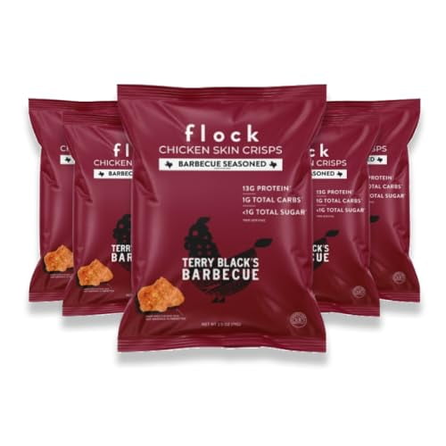 Chips de piel de pollo Flock Keto | Sabor BBQ de Terry Black | Pieles de pollo frito bajas en carbohidratos, altas en proteínas, sin azúcar y sin gluten para personas | (2.5oz) Paquete de 4 chips cruj