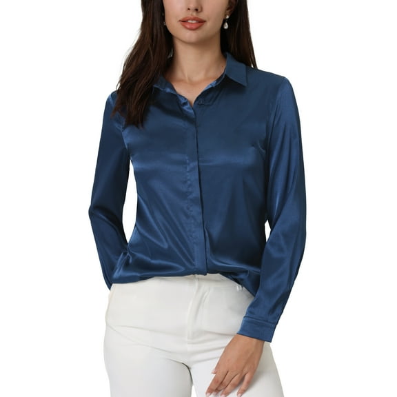 INSPIRE CHIC Women's Satin Blouse Long Sleeve Work Office Button Down Shirt Top 2XL Dark Blue