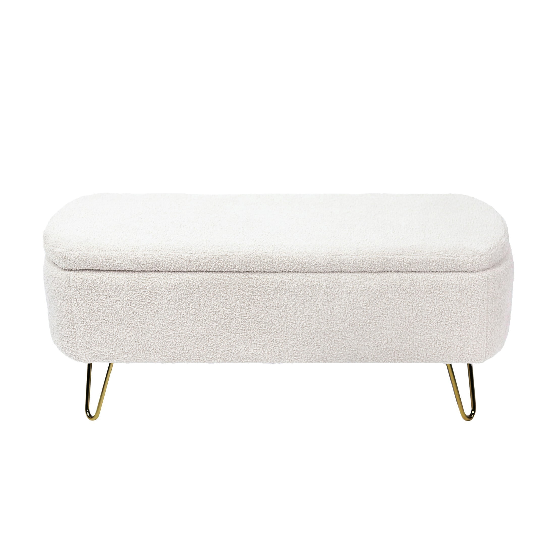 DEALTOPS Stylish Faux Fur Storage Bench, Oval Ottoman with Storage Space and Metal Legs, Ivory