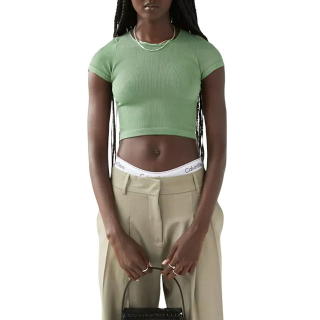 xiaxaixu Women Short Sleeve Crop Tops Solid Color Crew Neck Slim Fit Knitted Ribbed T-Shirts Summer Exposed Navel Shirts