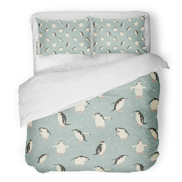 RYLABLUE 3 Piece Bedding Set Colorful Christmas with Penguins and Snowfall on Turquoise Antarctic Box Cold Twin Size Duvet Cover with 2 Pillowcase for Home Bedding Room Decoration