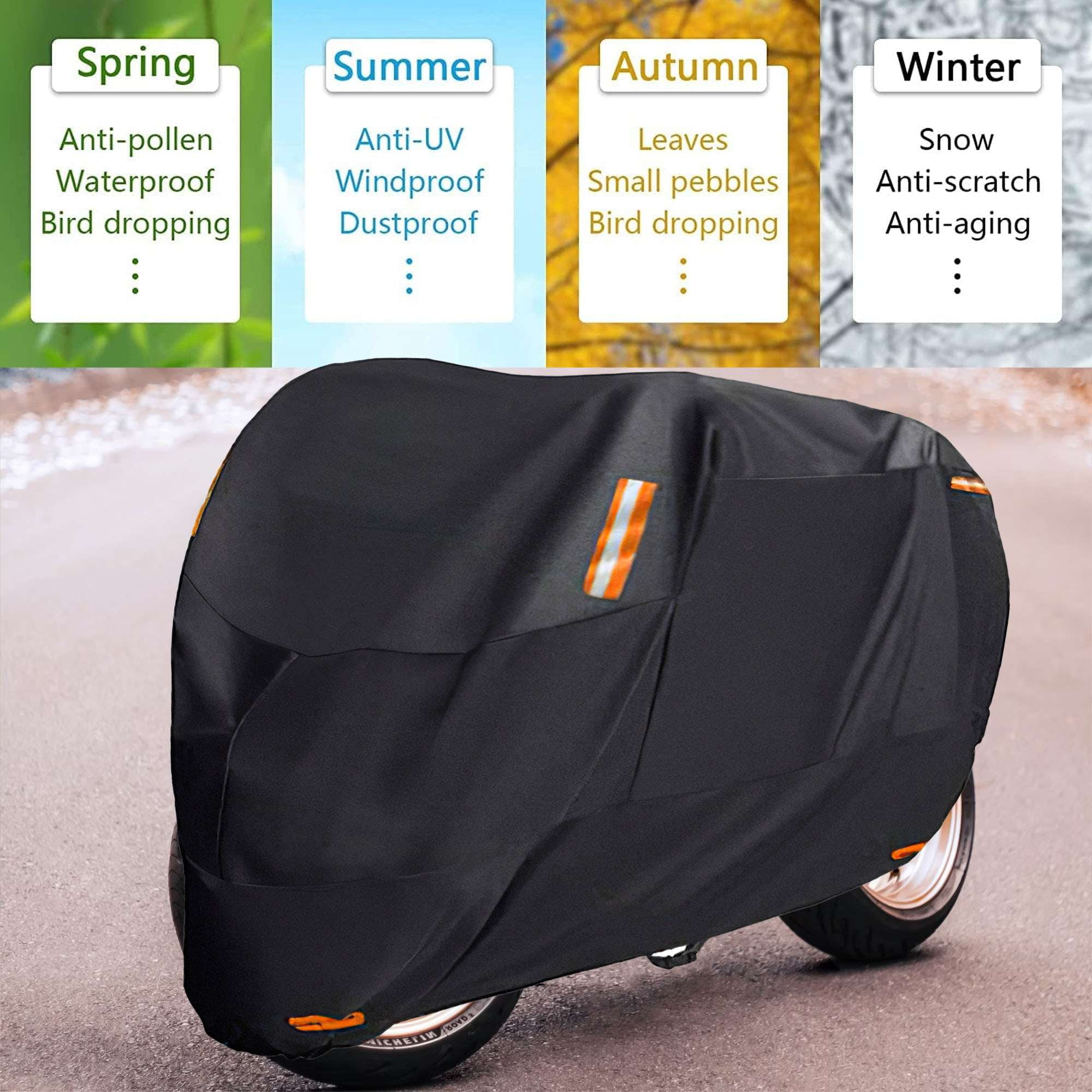Deago Motorcycle Cover Heavy Duty All Season Waterproof Outdoor Sun Protection Night Reflective with Lock-Holes & Storage Bag Fits up to 90.6" Motorbike Vehicle