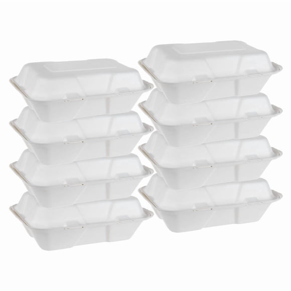 iECO (100 Unités) Contenants Alimentaires Articulés 6 Pouces x 9 Pouces en Canne à Sucre Naturelle, 100 % Compostables, Contenants Jetables en Bagasse Résistants pour Emporter