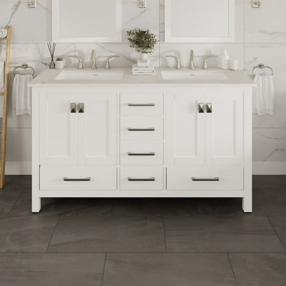 Eviva Aberdeen 60" Transitional White Bathroom Vanity with White Carrara Quartz Countertop