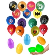 Jumbo Plastic Egg Superhero Balloon Party Favor Supplies - 15ct 12'' Avenger and Justice League Hero Theme Balloons in a Large 6 inch Easter Egg Capsule