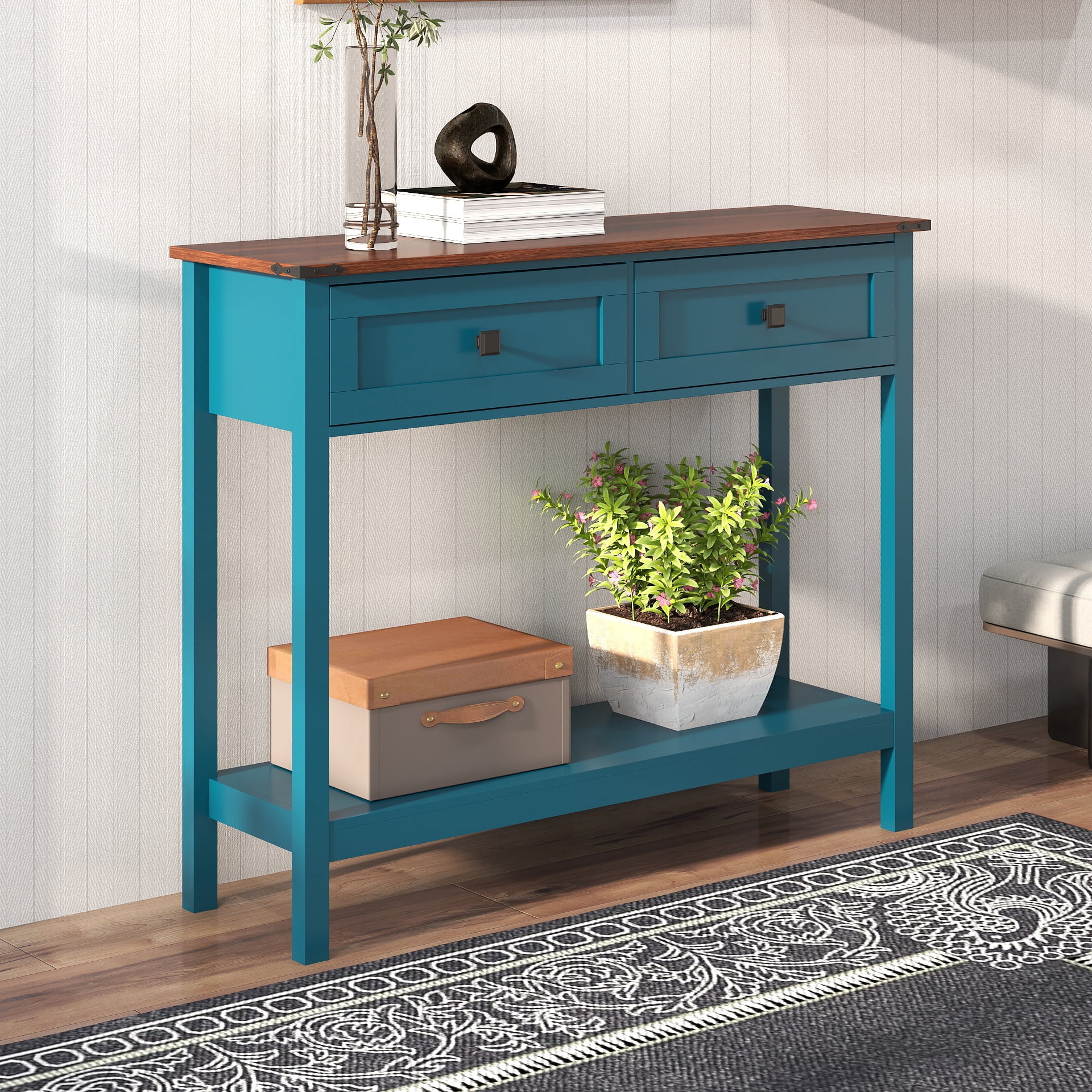 TrumanPick Farmhouse Console Table with 2 Drawer and Bottom Storage Shelf for Entryway, Buffet Sideboard, Rustic Side Table with for Living room, Hallway, Pagoda Blue