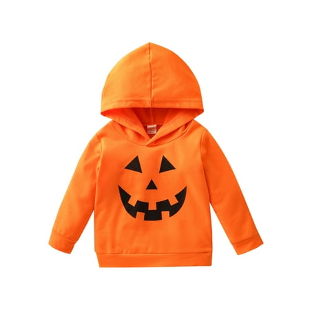 

Cathery Kids Halloween Hoodie Orange Pumpkin Face Printed Long Sleeve Hooded Pullover