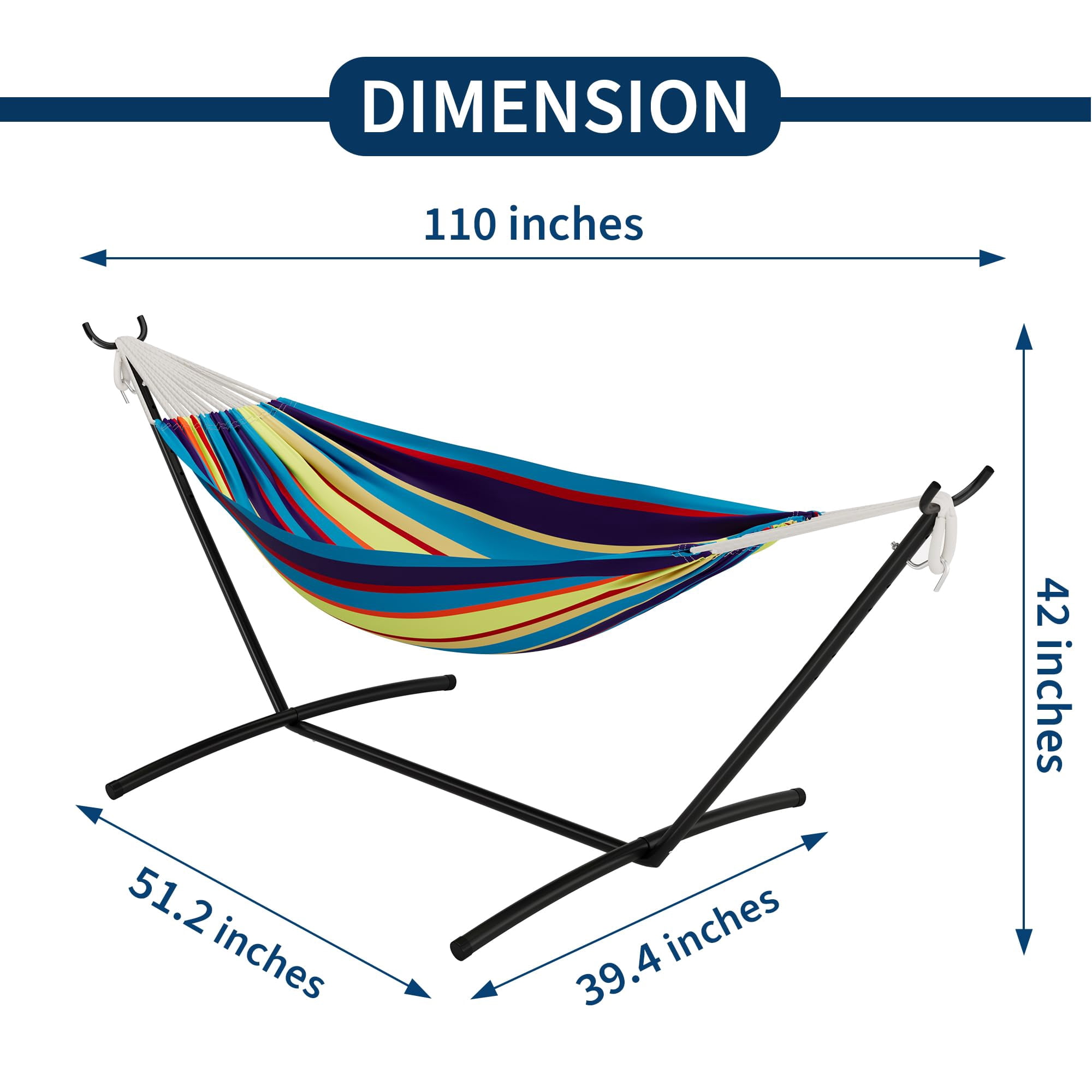 Double Hammock with Stand - Heavy Duty 450lbs Capacity, Portable Cotton Hammock for 2 Adults, Indoor & Outdoor Use with Travel Bag, Quick Assembly, Tropical Stripe Pattern