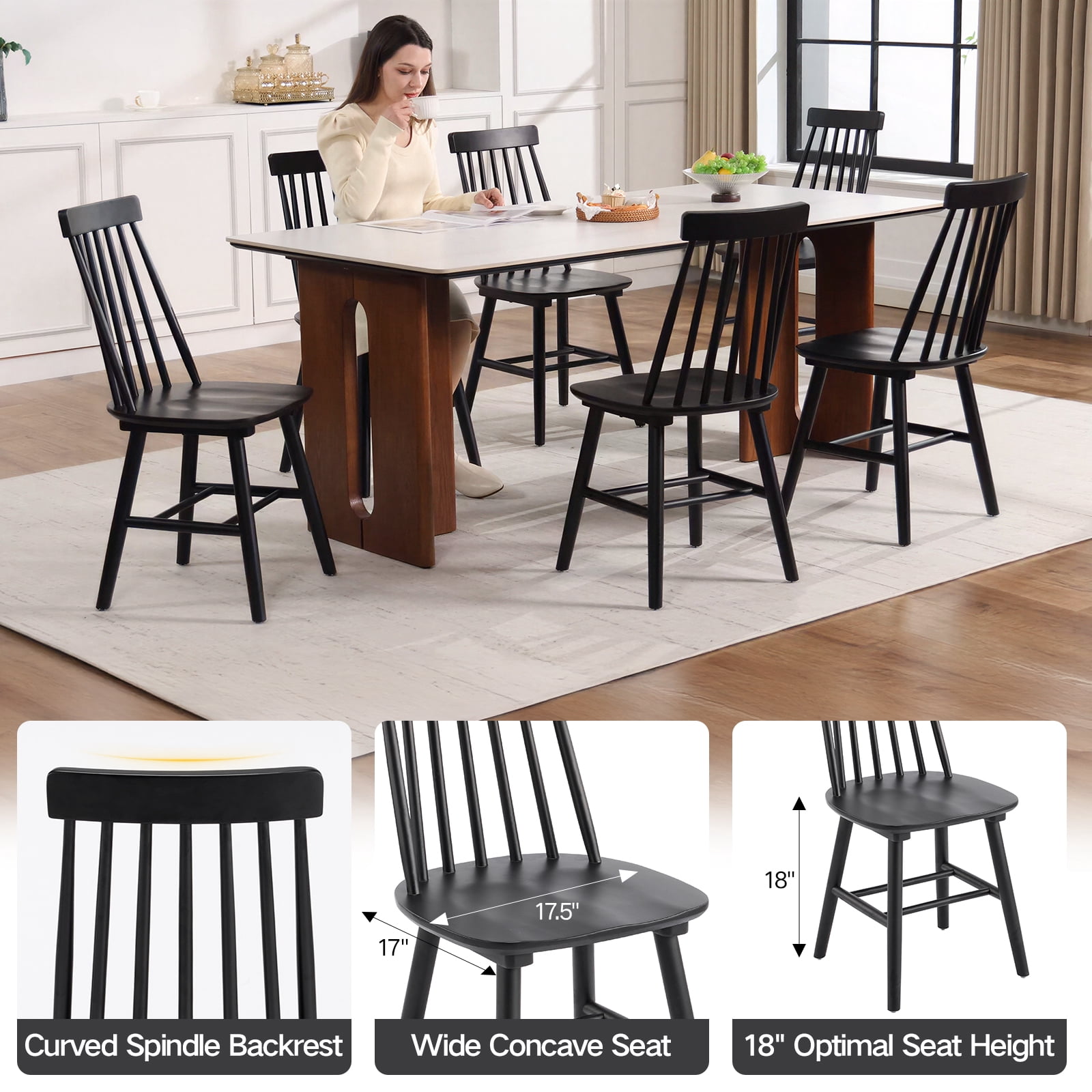 Farmhouse Wooden Dining Chairs Set of 2, Windsor Spindle Back Chair for Kitchen & Dining Room, Black