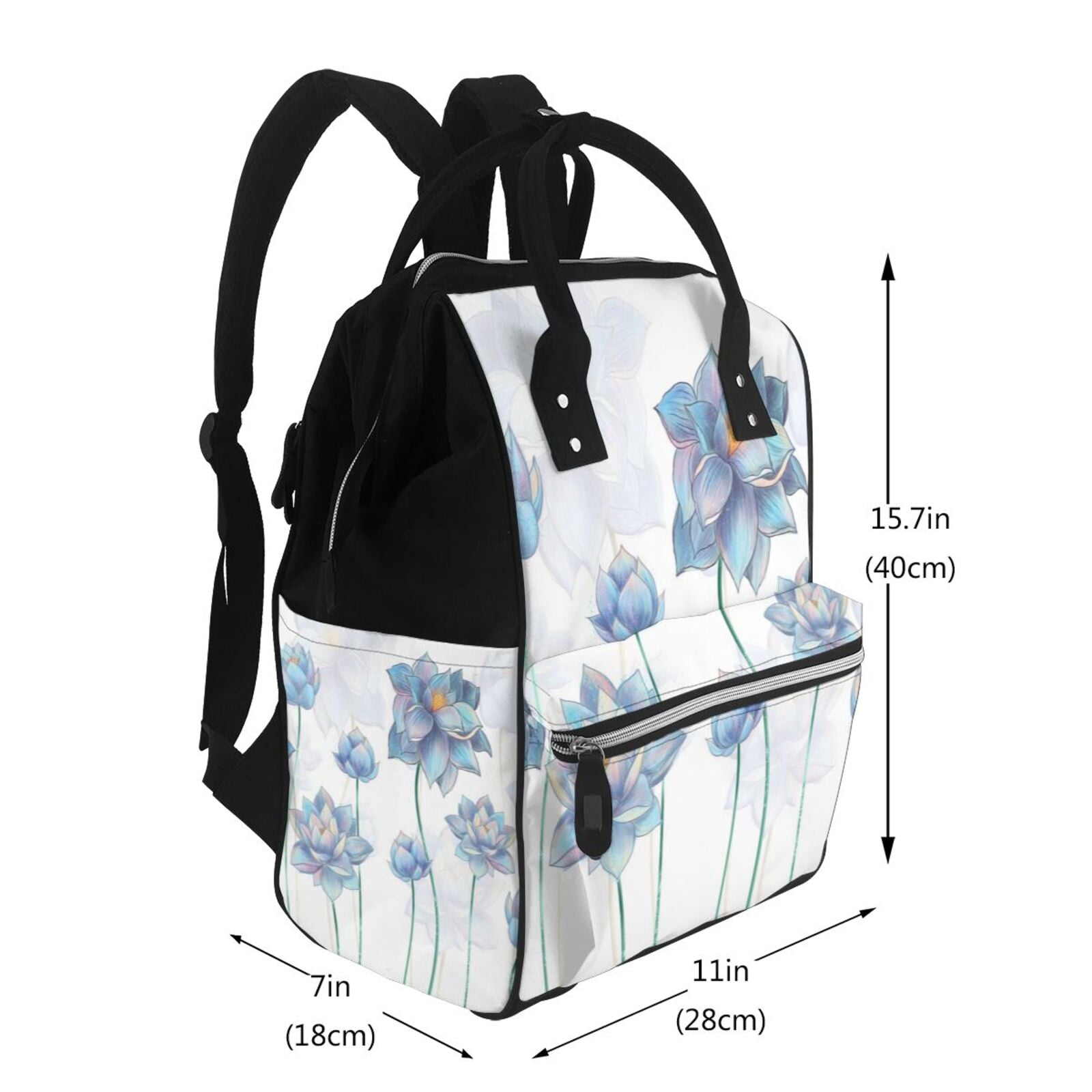 Ratiio Pale Blue Lotus Flowers Mummy Backpack - Waterproof Twill Canvas, Large Capacity Diaper Bag with Multiple Pockets and Adjustable Straps