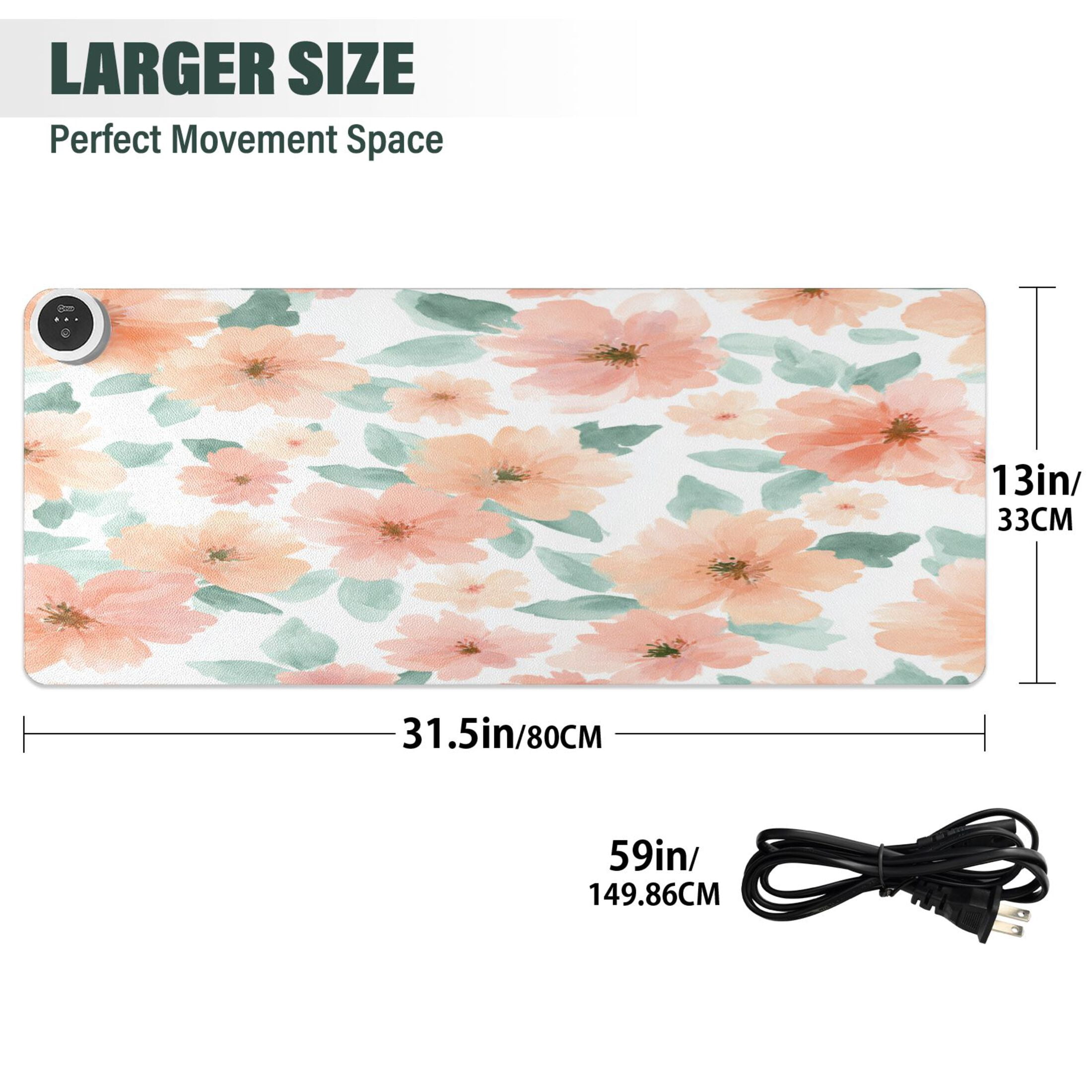 Large Heated Desk Mat Mouse Pad 31.5"x13"PU Leather Graphene Heating Desk Warmer with 3 Temperature Settings 110V US Plug Non-Slip Warm Pad for Home, Office, and Gaming Sage Green Floral Print