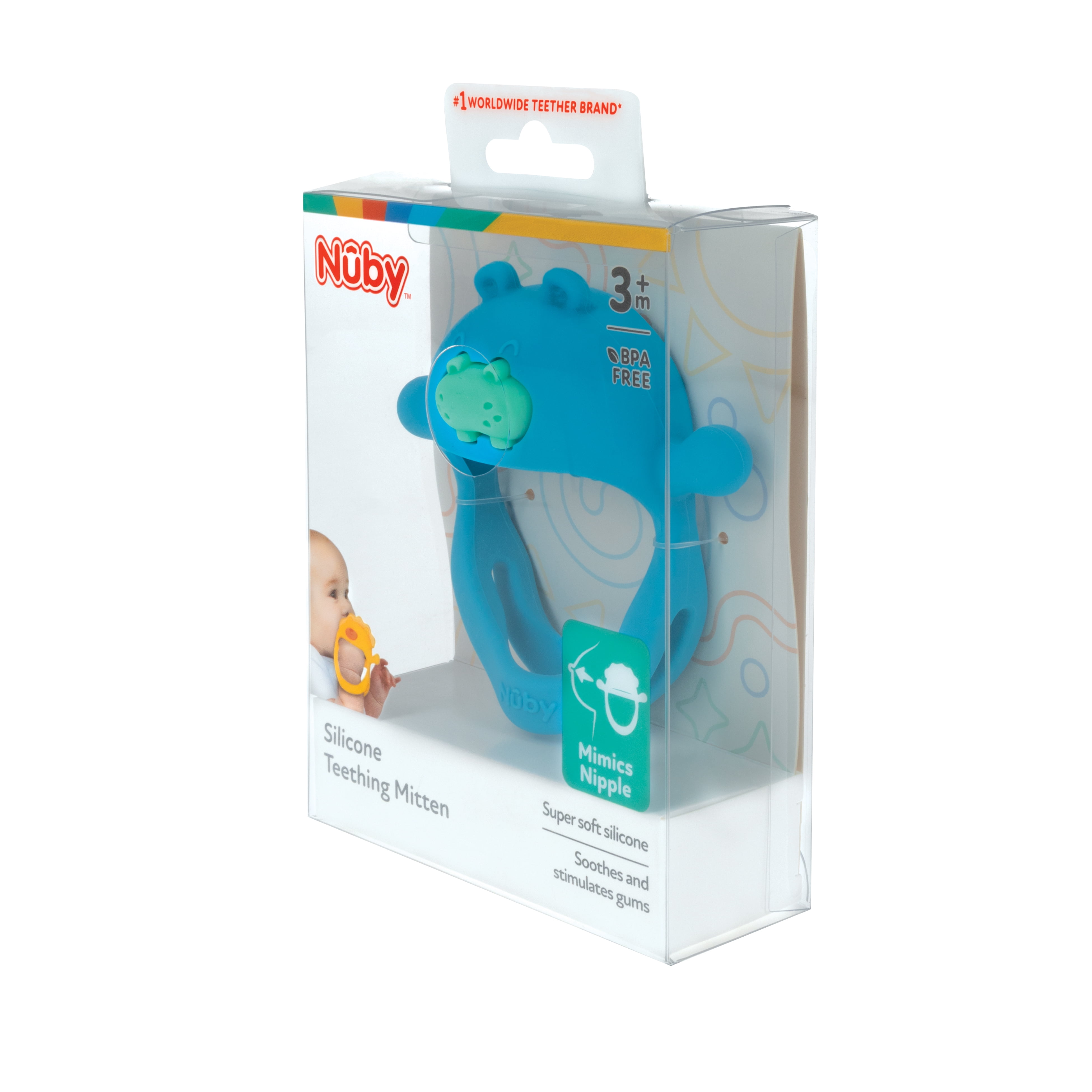 Nuby Mini Wrist Grip Silicone Teething Mitten for Babies, Hippo