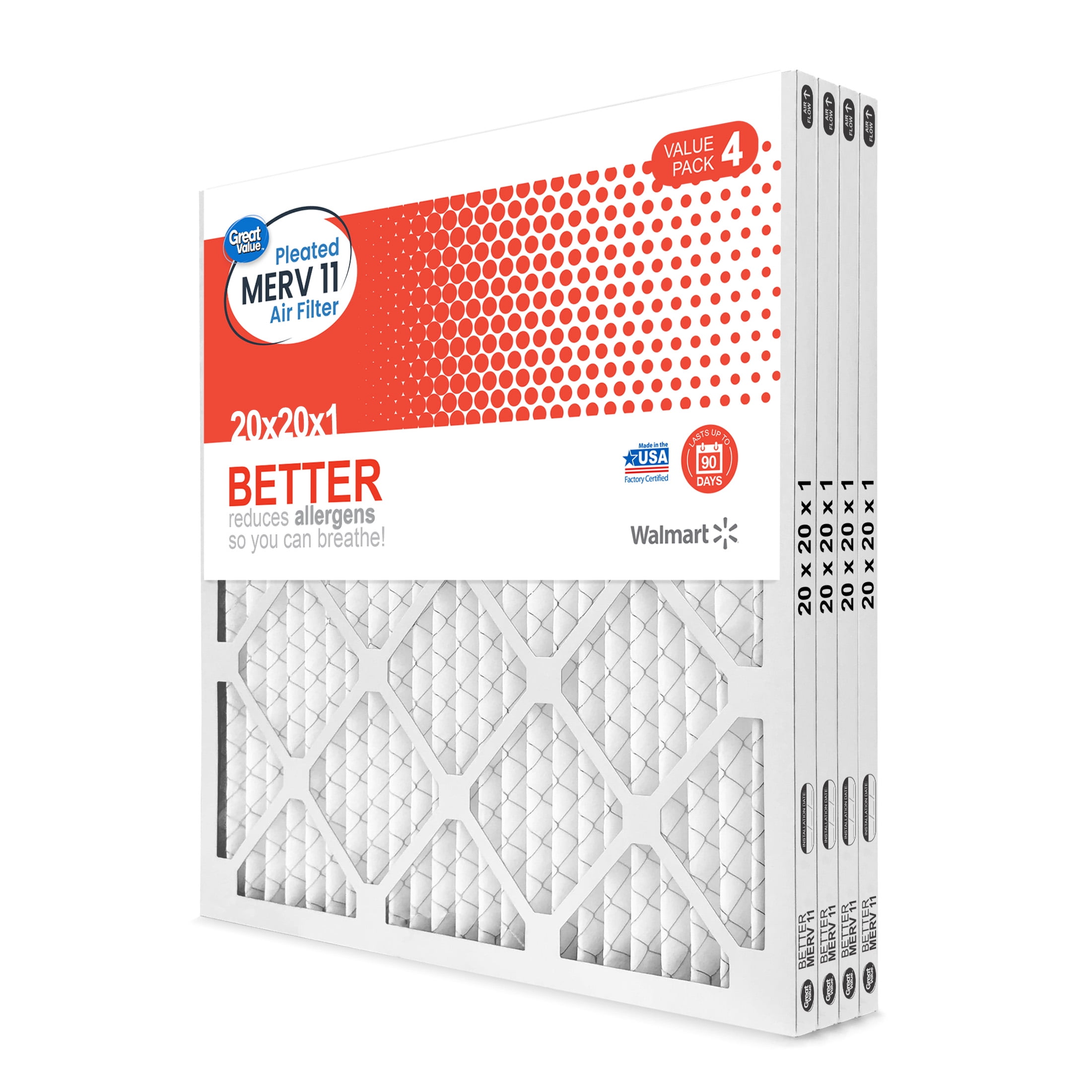 Great Value; 20x20x1; MERV 11 BETTER HVAC Air and Furnace Filter; Reduces Allergens; 4 Filters