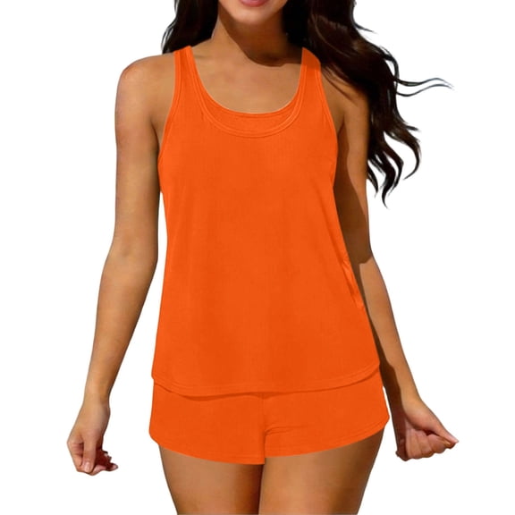 UTSJKR Women's 2026 Trendy Tankini 3 Piece Bathing Suit, Comfortable Fit for Summer Vacation and Swimming Activities Orange S