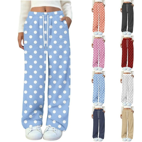 FRSASU Comfy Pajama Pants for Women Non Positioning Polka Dot Printed Drawstring Lounge Wide Leg Pants with Pockets White