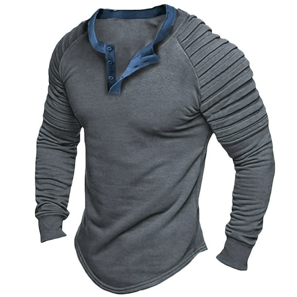 Blusas y camisas de manga larga con cuello redondo para hombre, cuello redondo, manga larga, botones diarios, camisas casuales sólidas, blusa para hombre, blusa de poliéster