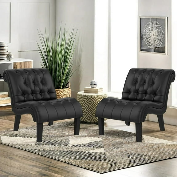 Andeworld Accent Chairs Set of 2 Living Room Bedroom Upholstered Tufted Curved Backrest Fabric Lounge Chair with Wood Legs(PU Black)