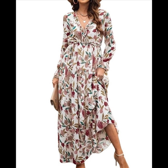 Vestido Bohemio Informal de Larga con Escote en V Profundo para Mujer Albaricoque L