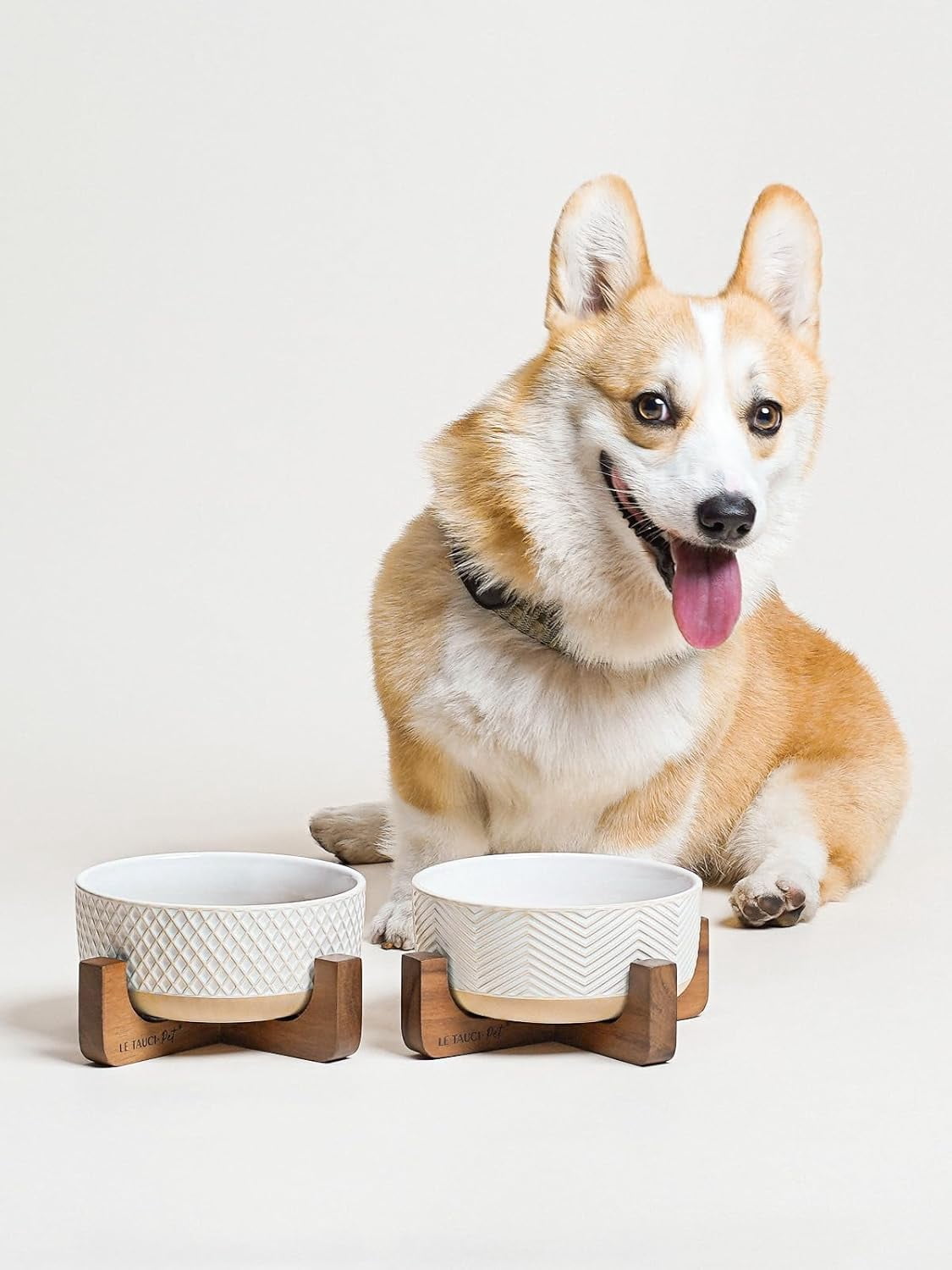 Ceramic Dog Bowls with Wood Stand, 4-Cup Pet Food and Water Dishes Set of 2 for Small Medium Dogs