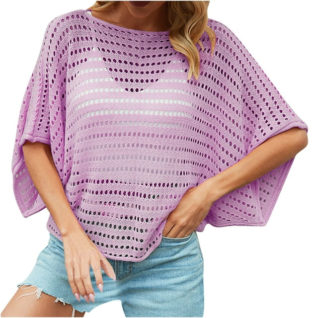 AherBiu Cache-Maillots de Plage pour Femmes Manches Chauve-Souris Encolure Dégagée Ample Ample Tricoté Ajouré Chandail à Enfiler Hauts