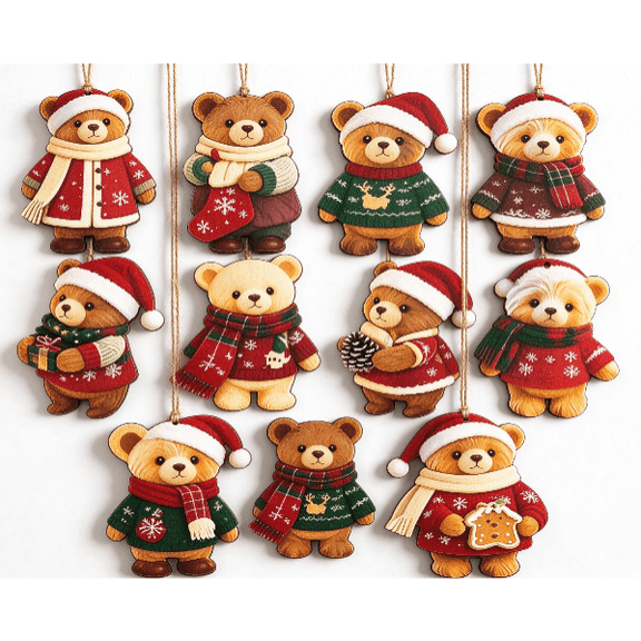 1 Set Wooden Bear Christmas Tree Ornaments, Vintage Hanging Bear Decorations, Winter Bear Ornaments for Xmas Tree, Holiday Festive Charm (2D Flat) - 4in