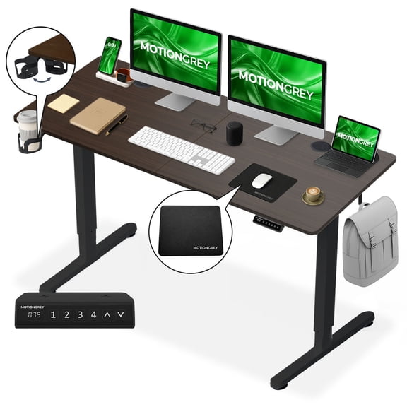 MotionGrey - Ergo2 Adjustable Electric Standing Desk with Memory Settings - 55" x 24" Dark Brown Top Black Frame - Ergonomic Desk for Home and Office
