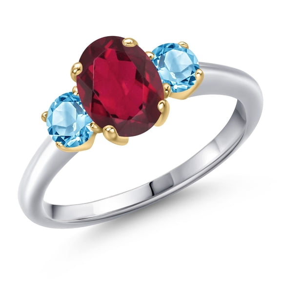 Gem Stone King 925 Silver and 10K Yellow Gold Ruby Red Mystic Topaz and Swiss Blue Topaz Engagement Ring for Women | 2.01 Cttw | Oval 8X6MM | Gemstone November Birthstone | Size 8