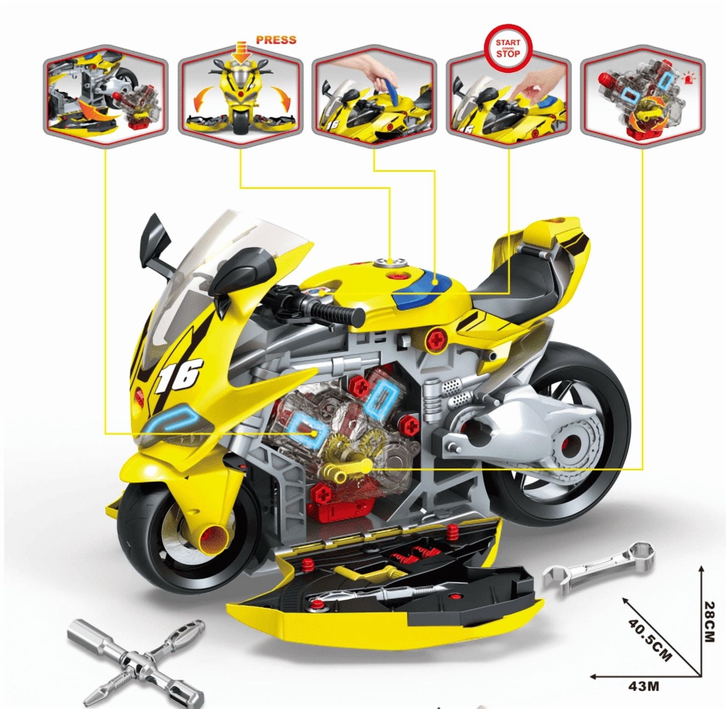 OZMI Motorcycle Building Set, Yellow Motorcycle Repair Model Kit Toy for Kids, Christmas & Birthday Gift for Boys & Girls