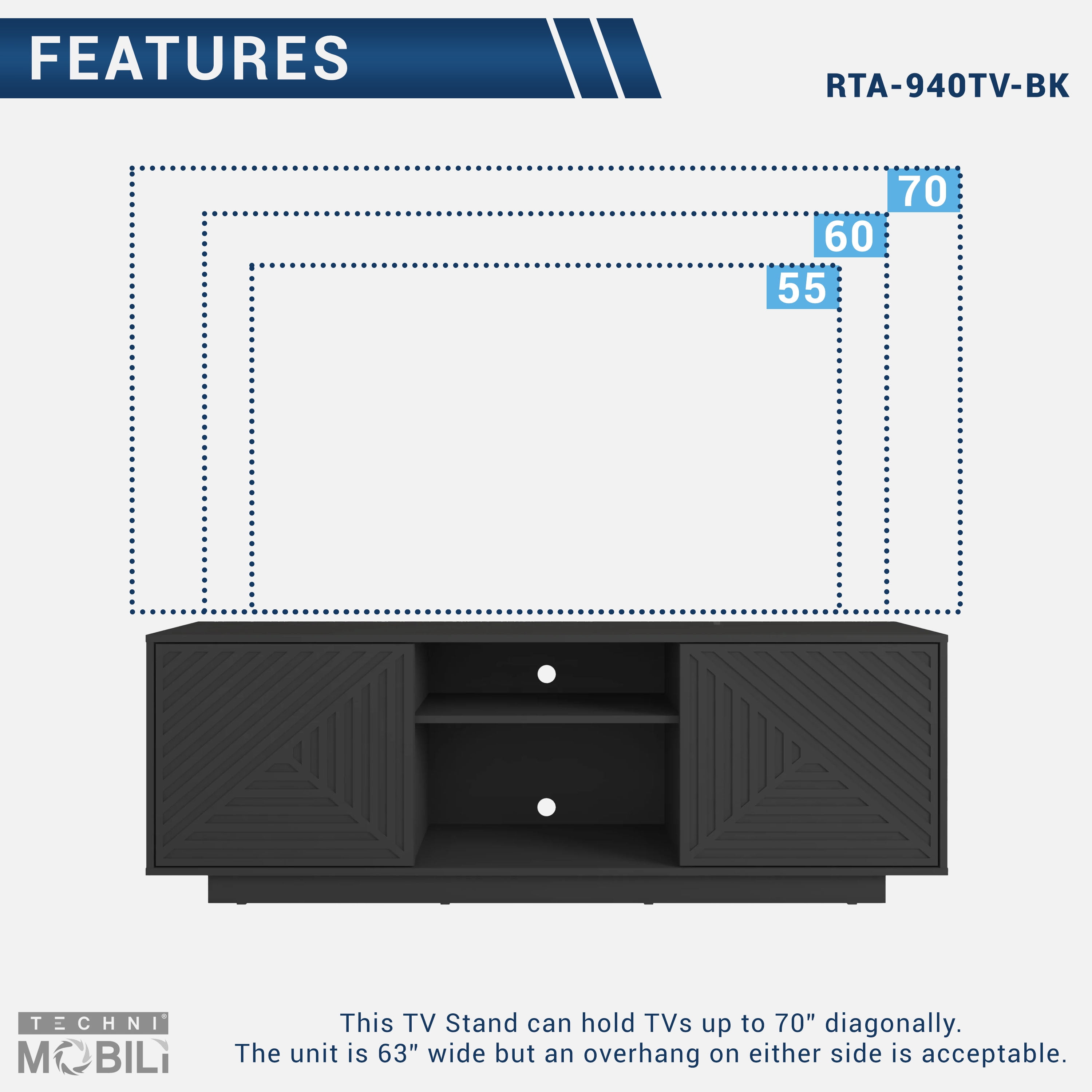 Techni Mobili Modern TV Stand for TV’s up to 70” with 2 Storage Cabinets with Patterned Doors, Black RTA-940TV-BK