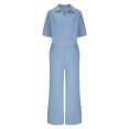 thumbnail image 4 of Womens 2 Piece Sets Casual Sets High Waisted Spring Summer Lapel Casual Solid Color Short Sleeved Wide Leg Pantsuit, 4 of 7