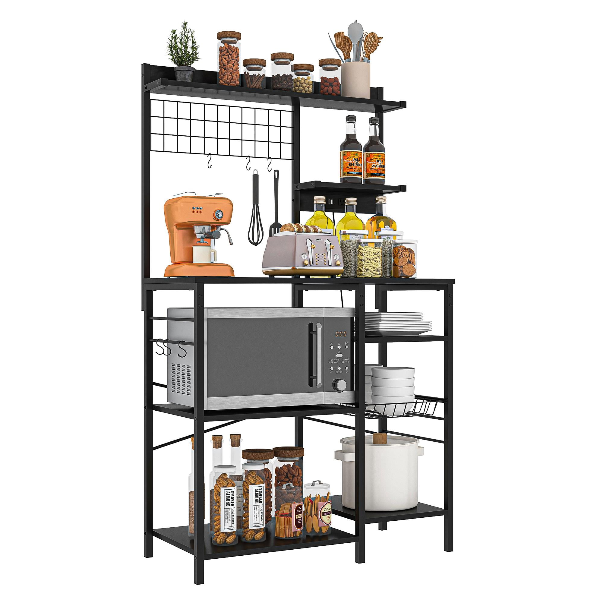 Finihen Large Bakers Rack with Power Outlets, 6-Tier Microwave Stand, Coffee Bar with 8 S-Shaped Hooks, Kitchen Shelf with Wire Basket, Black Finihen Large Bakers Rack with Power Outlets, 6-Tier Microwave Stand, Coffee Bar with 8 S-Shaped Hooks, Kitchen Shelf with Wire Basket, Black