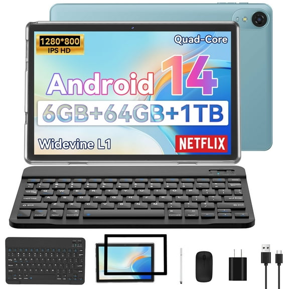 Android 14 Tablet,64GB 6(3 3 Expandable)GB,10-inch 5G wifi6 Tablet,Quad-core 2.0GHz Processor,Dual Camera,1TB Expandable, 6000mAh,Face Unlocked,Tablet with Keyboard