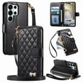 thumbnail image 1 of Funda tipo cartera FOXDOCK para Samsung Galaxy S26 Ultra, estampado de diamantes, correa larga, con ranuras para tarjetas, soporte y cremallera - negro, 1 of 6