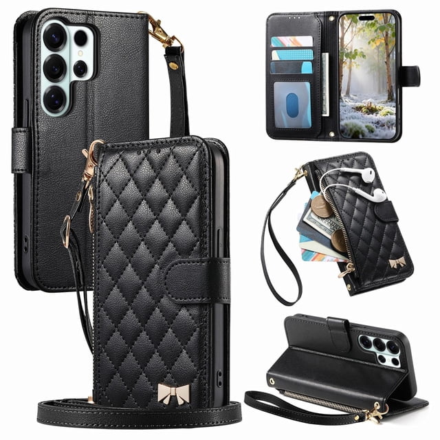 Funda tipo cartera FOXDOCK para Samsung Galaxy S26 Ultra, estampado de diamantes, correa larga, con ranuras para tarjetas, soporte y cremallera - negro