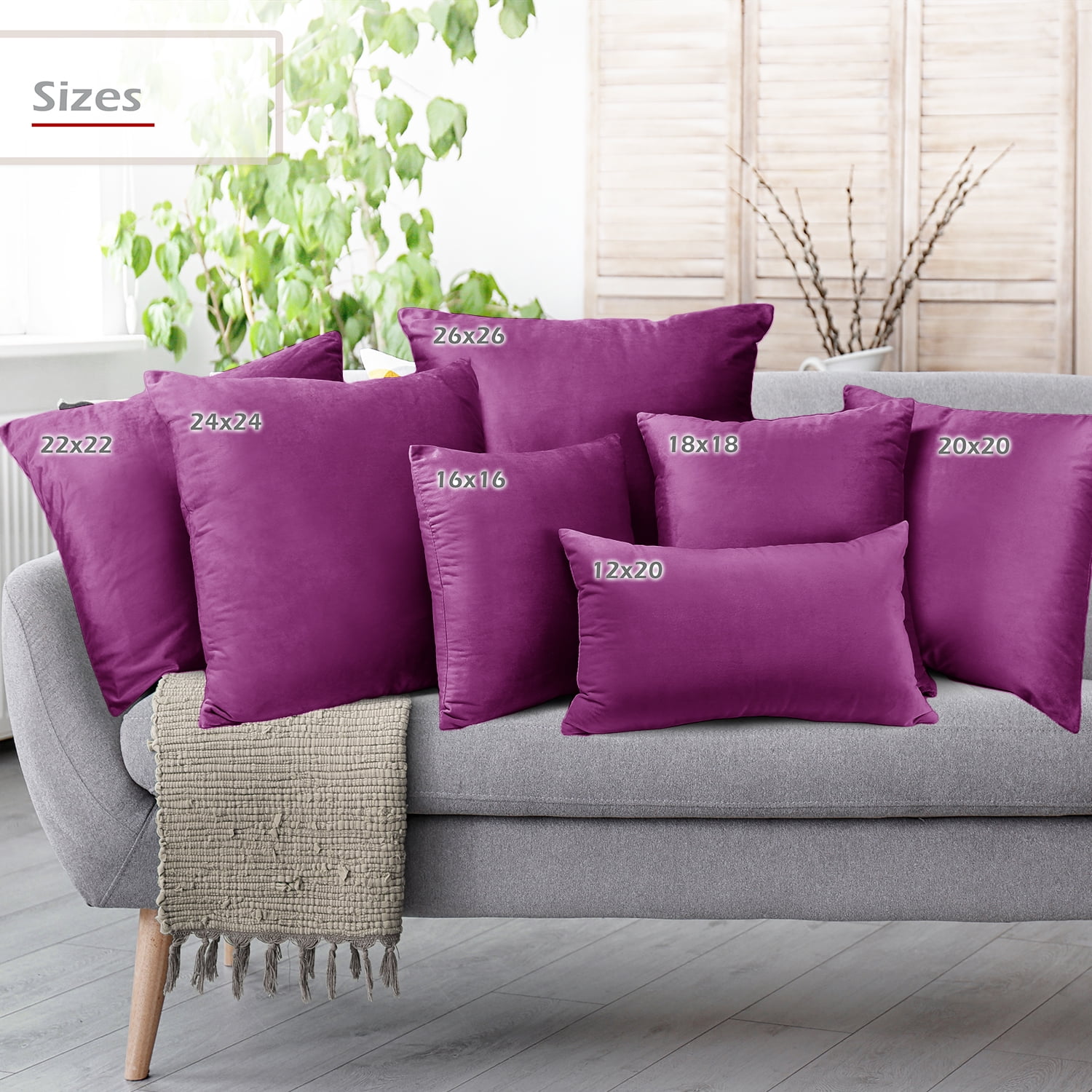 Clara Clark Plush Solid Decorative Microfiber Square Throw Pillow Cover with Throw Pillow Insert for Couch, Orchid Purple, 28"x28"", 4 Piece Decorative Soft Throw Pillow Set