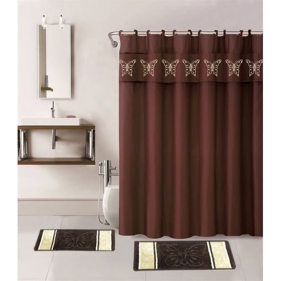 4PC BROWN BUTTERFLY BATHROOM SET 2 BATH MATH, 1PC SHOWER CURTAIN , 12 RINGS COVERED
