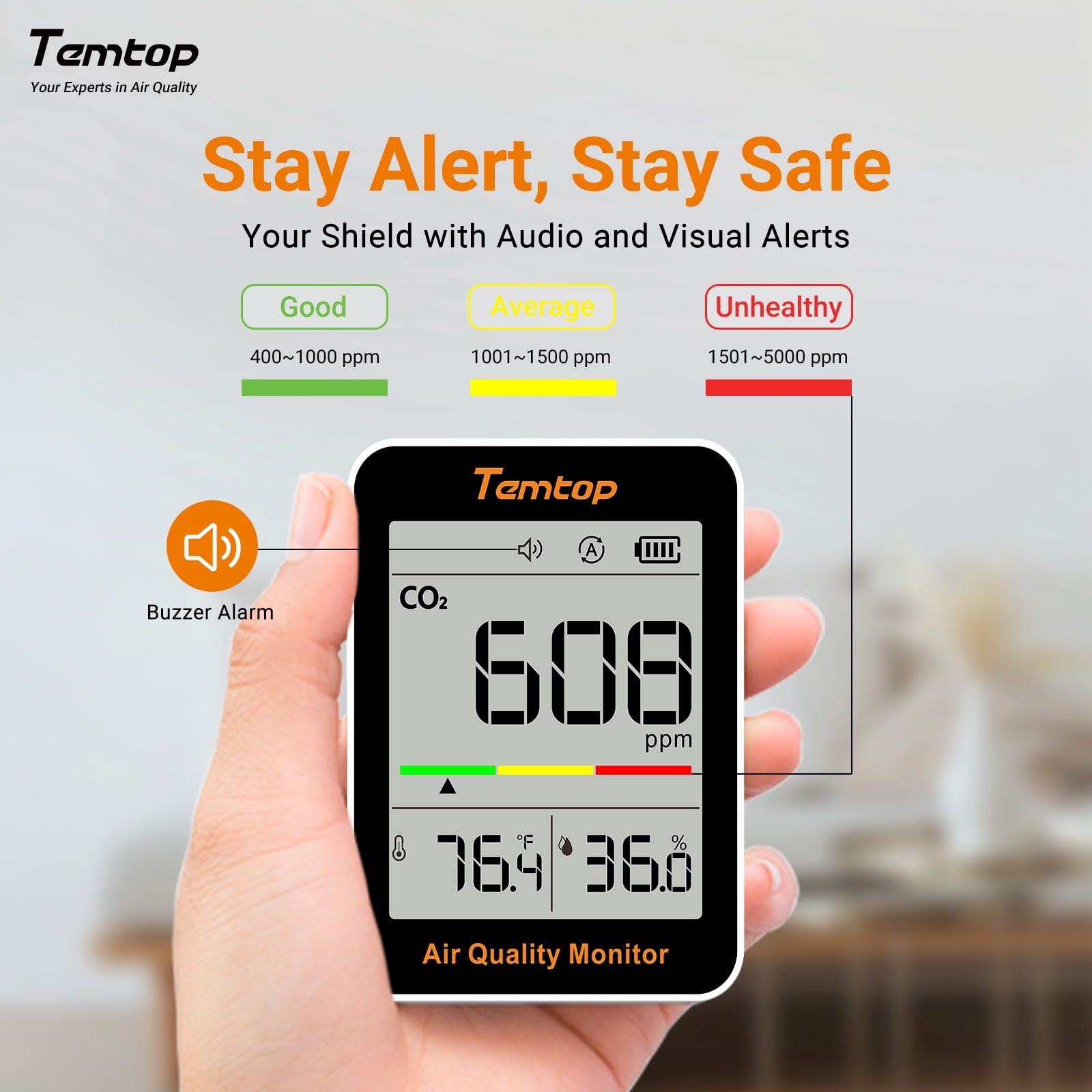 Temtop C1 CO2 Monitor Indoor air Quality Monitor Portable CO2 Meter, CO2, Temperature, Humidity Home, Office or School