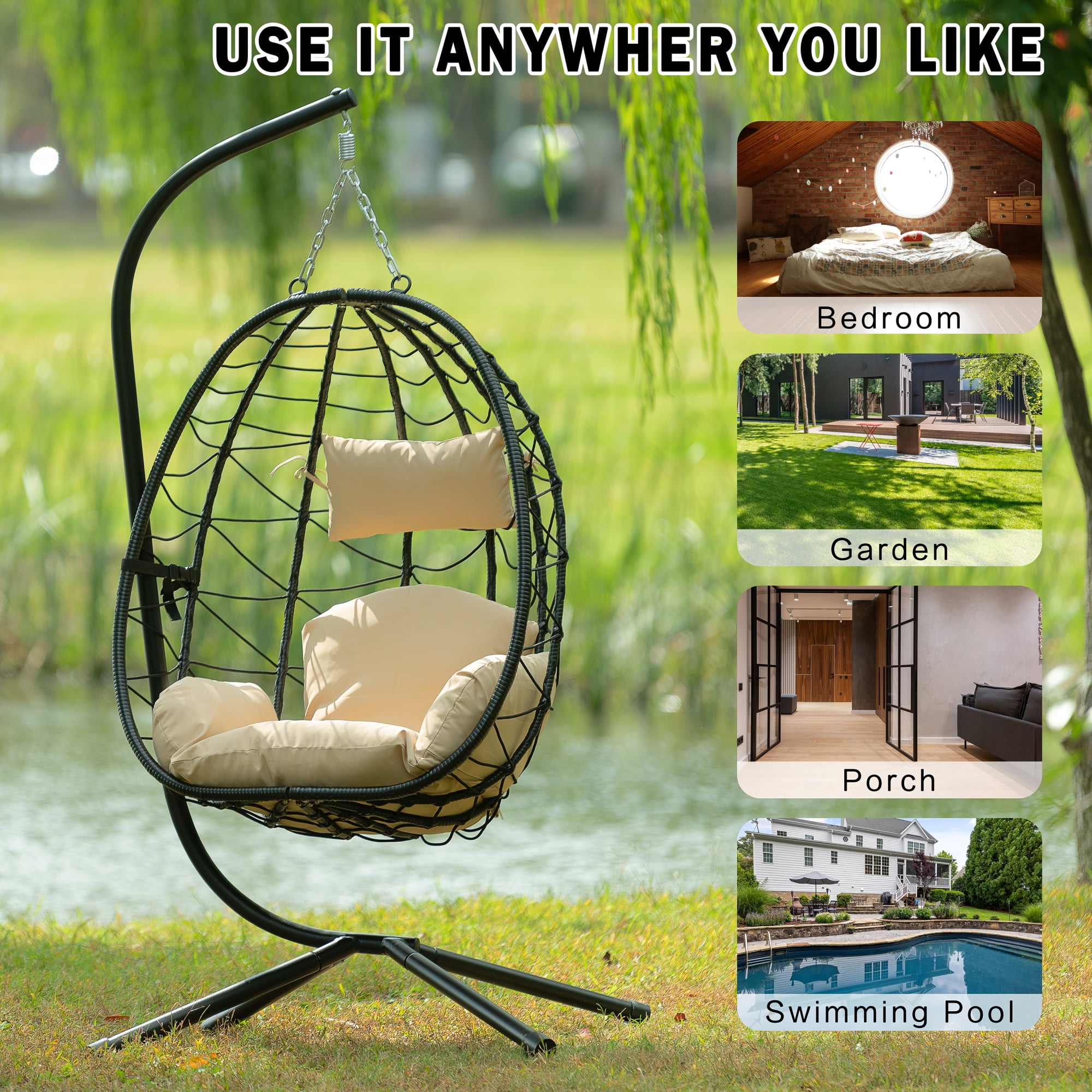 Egg Chair with Stand, Indoor Outdoor PE Wicker Hanging Egg Chair, Patio Swing Chair Basket Chair Hammock Chair with Stand for Bedroom Living Room Balcony, Beige