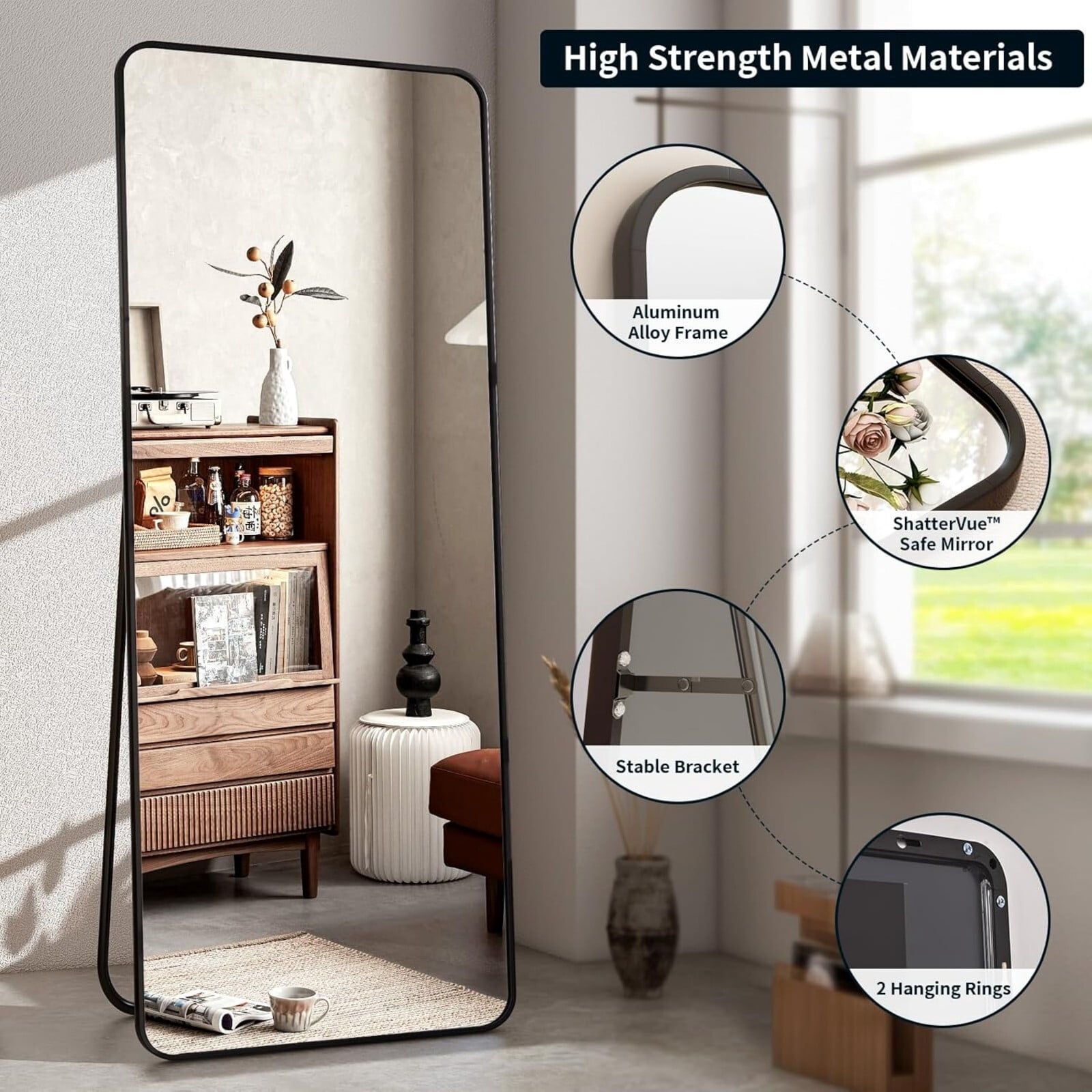 Lumora 60"x20" Full Length Aluminum Alloy Standing Floor Mirror, Black