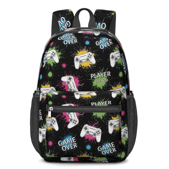 Game Controller Black Pattern 17" School Backpacks for Teens,Waterproof Oxford Fabric,S-Shape Padded Straps for School,Travel,Hiking,Camping