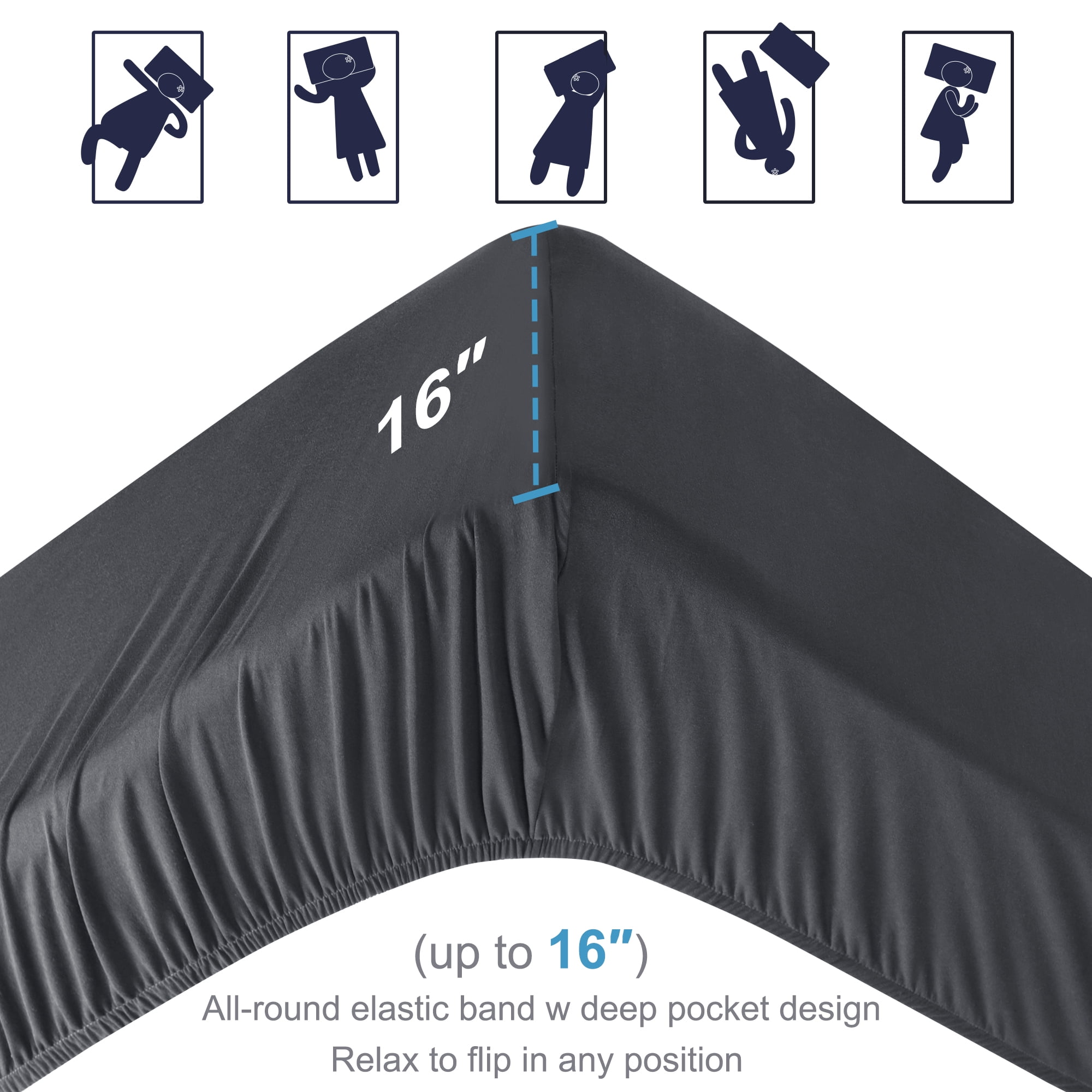 Unique Bargains Soft 190GSM Queen 16 Inch Deep Pocket Fitted Sheets Dark Gray Twin