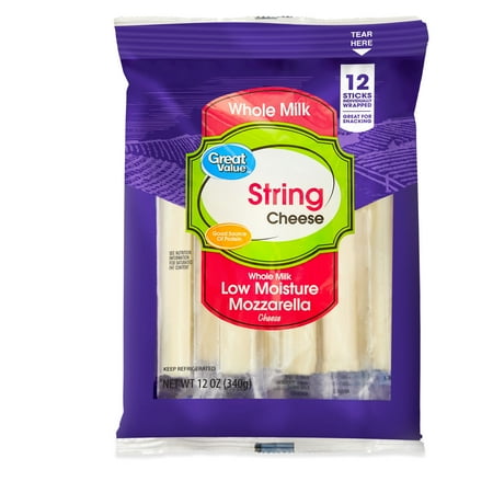 Great Value Whole Milk Low-Moisture Mozzarella String Cheese Sticks, 12 oz, 12 Count
