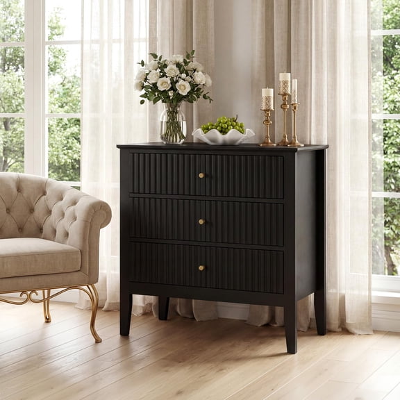 Fluted Wood Nightstand with Charging Station, 31.5" Tall 3-Drawer Bedside Table for Modern Bedroom