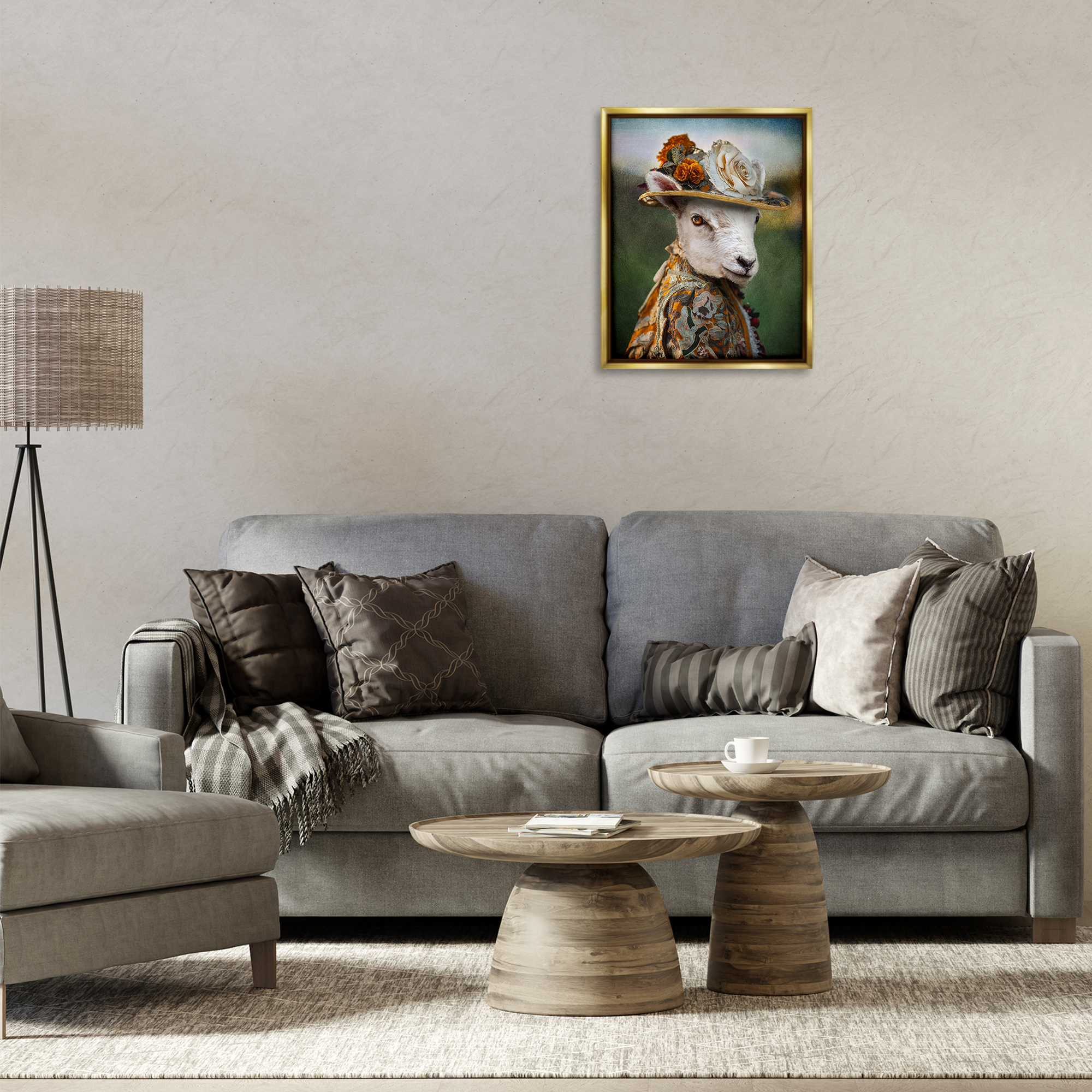 Stupell Industries Fashionable Sheep Portrait Animals & Insects Painting Gold Floater Framed Canvas Art Print Wall Art, 17 x 21