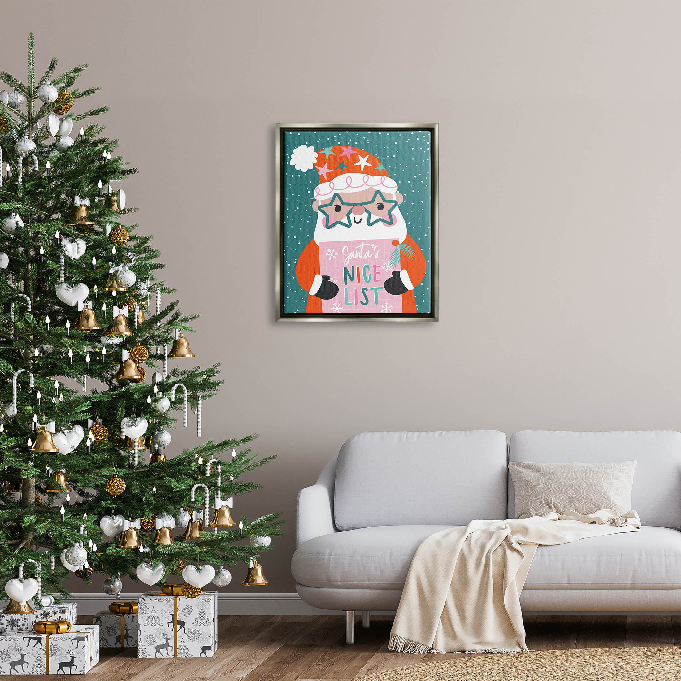 Santa's Nice List Falling Snow Holiday Graphic Art Luster Gray Framed Art Print Wall Art