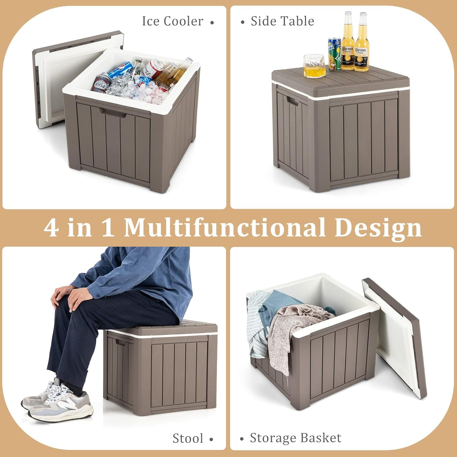 10 Gallon Light Coffee Ice Chest – Polypropylene Cooler with 4-in-1 Design, Removable Lid & Built-in Handles, 16.54×16.54×15.79 in