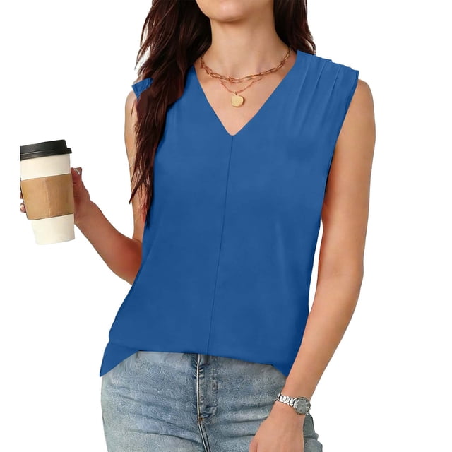 TaTaai Womens Casual Solid Color V Neck Sleeveless Ruched Tank Top Soft Breathable Polyester Comfortable Fashion Stylish Summer Daily All Occasion Wear Top Gift
